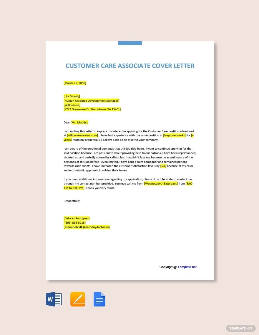 Customer Care Associate Cover Letter