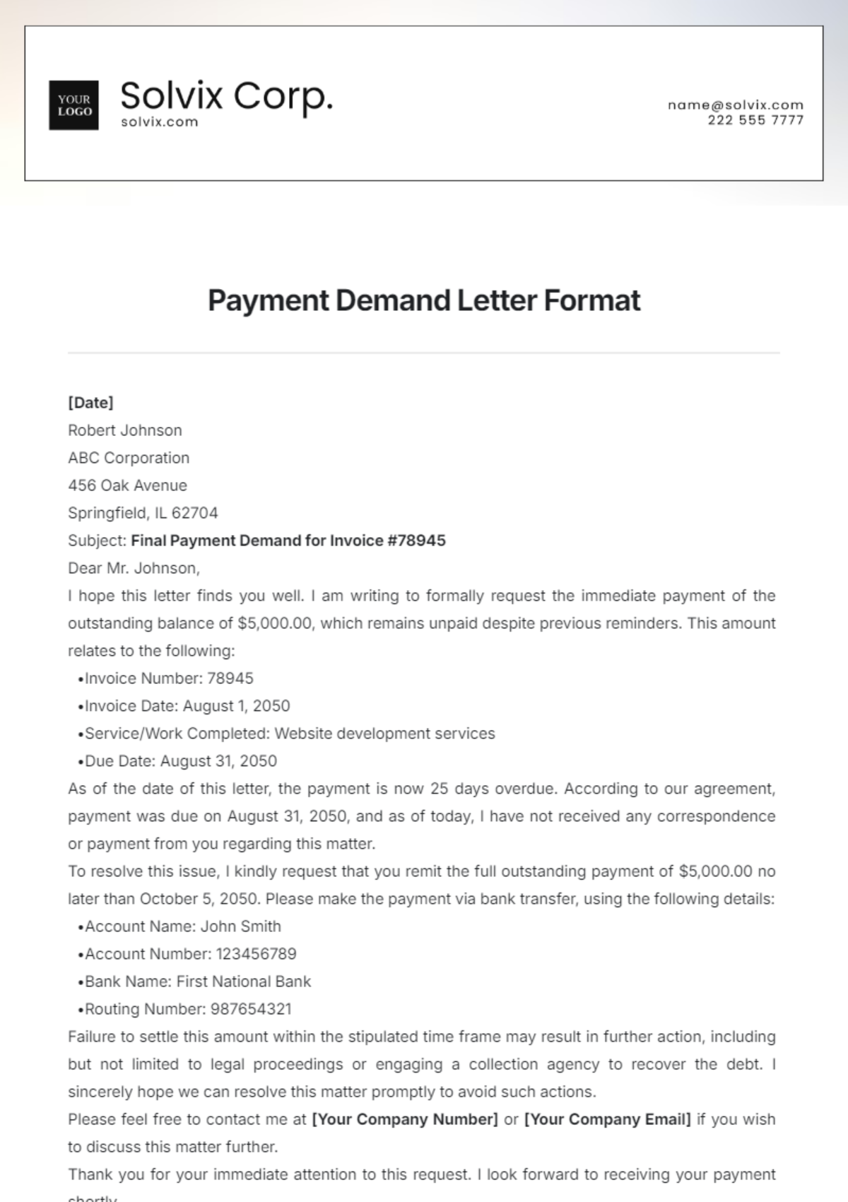 Payment Demand Letter Format Template