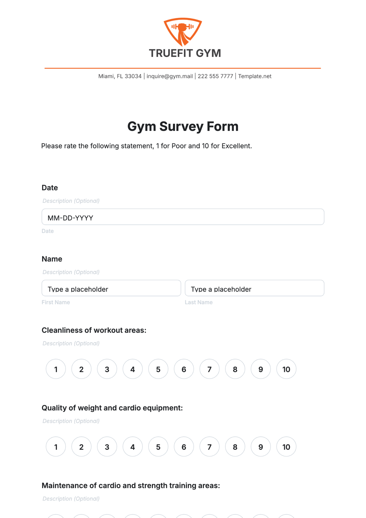 Free Gym Survey Form Template