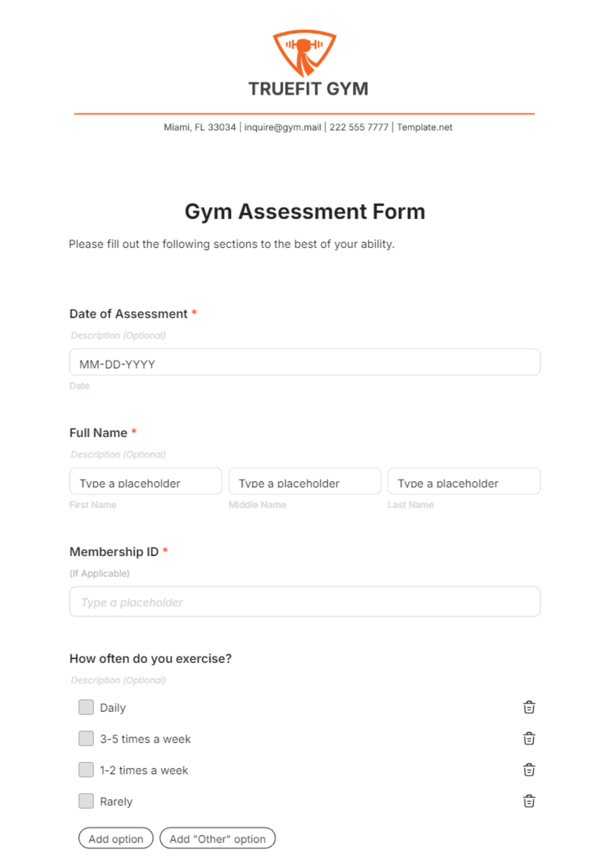 Gym Assessment Form Template - Edit Online & Download