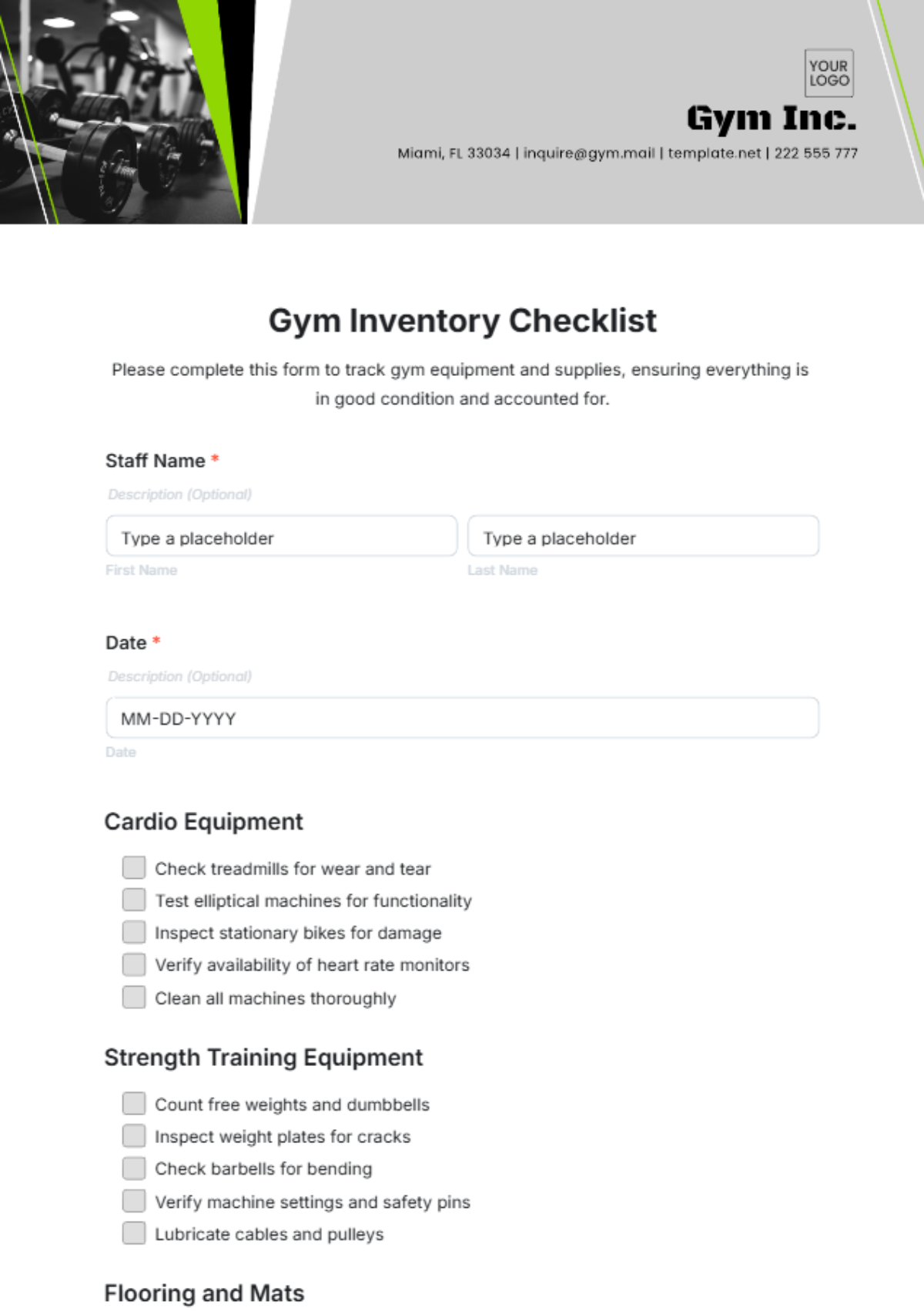 Free Gym Inventory Checklist Form Template