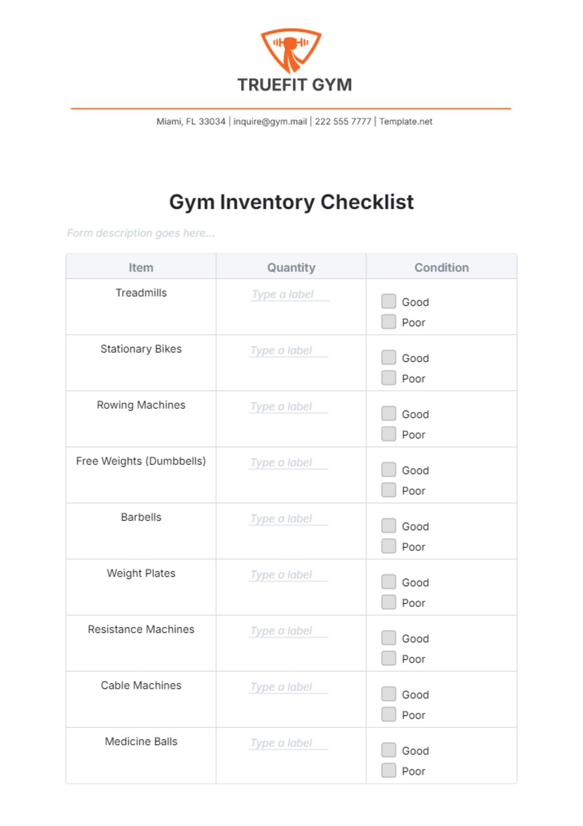 Gym Inventory Checklist Form Template - Edit Online & Download