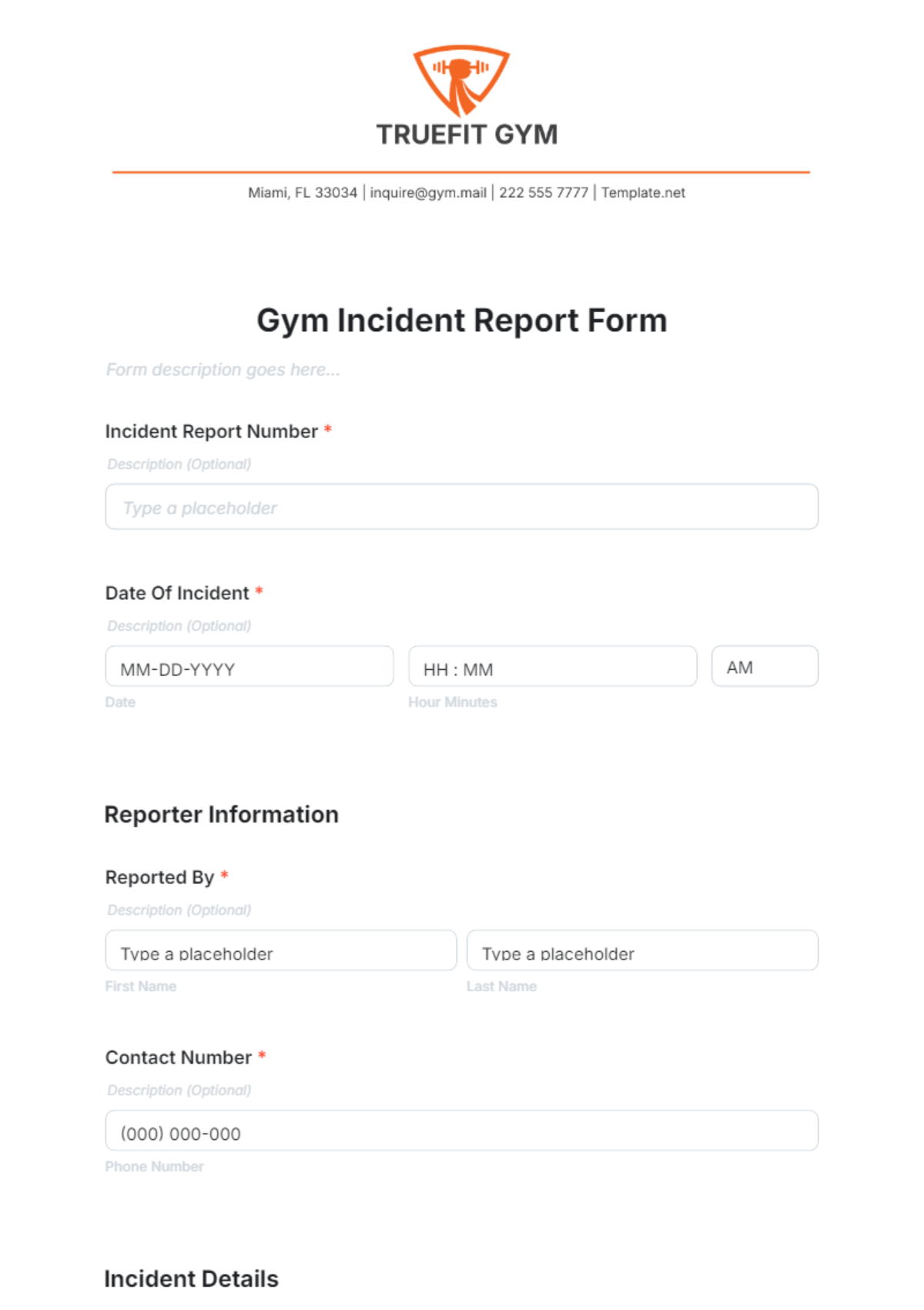 Free Gym Incident Report Form Template