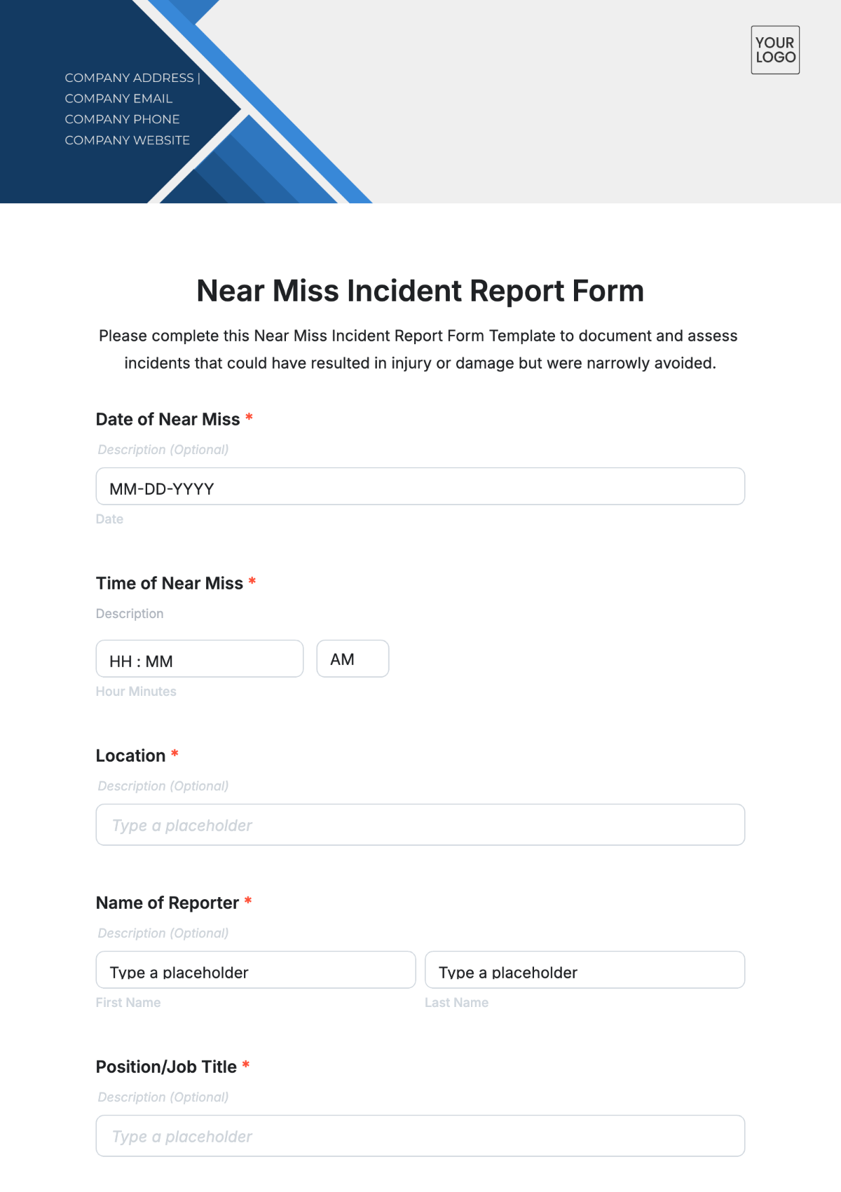 Near Miss Incident Report Form Template - Edit Online & Download