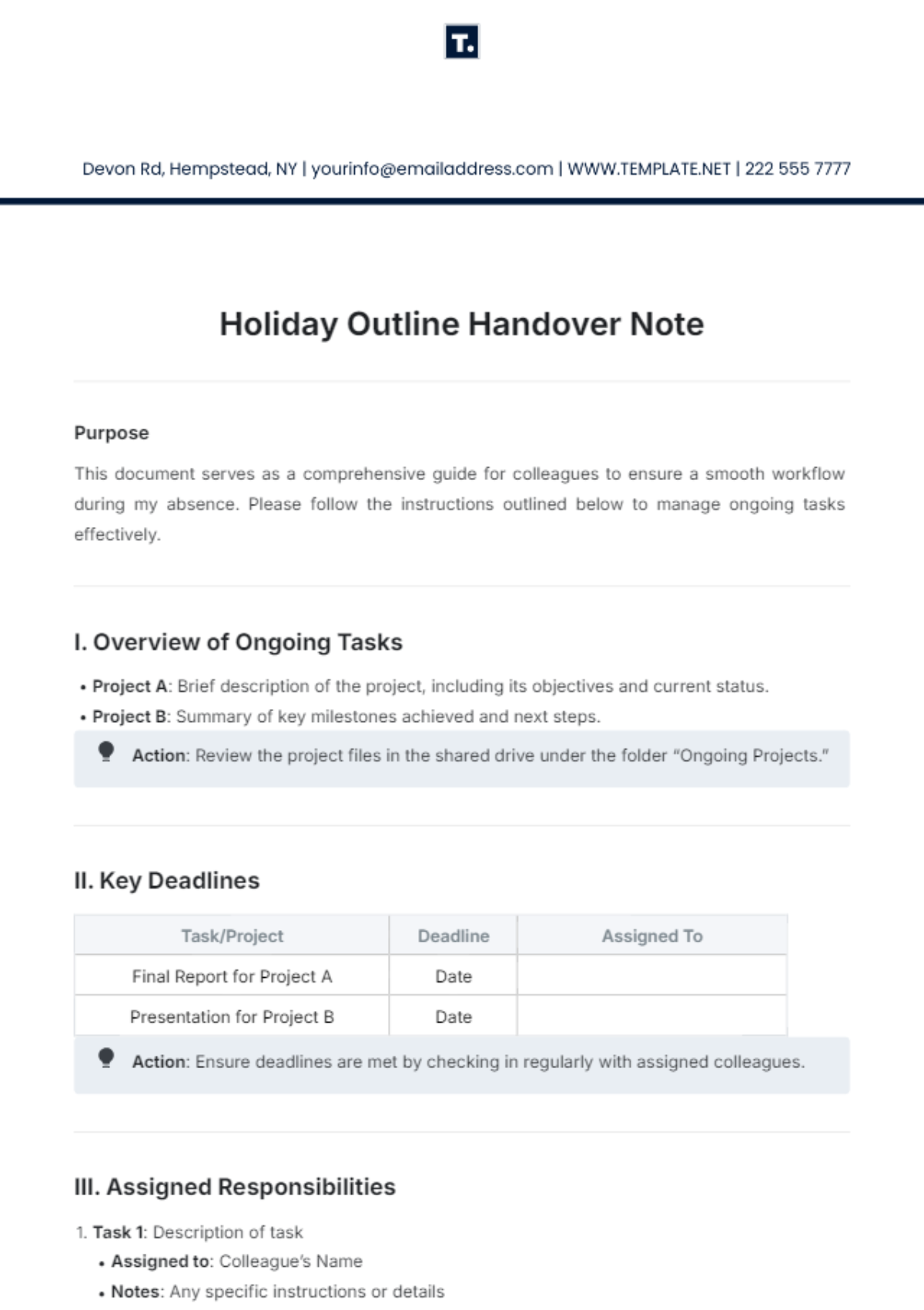 Holiday Outline Handover Note Template - Edit Online & Download