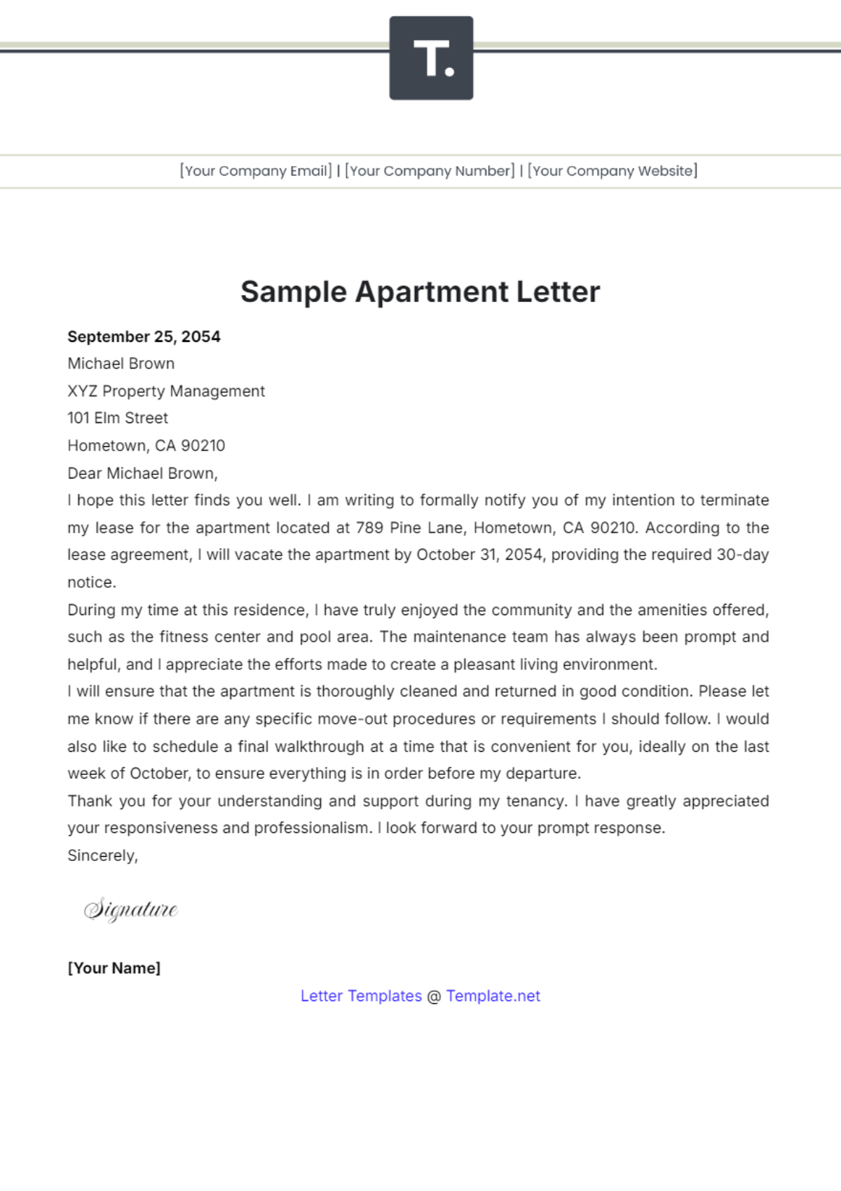 Sample Apartment Letter Template