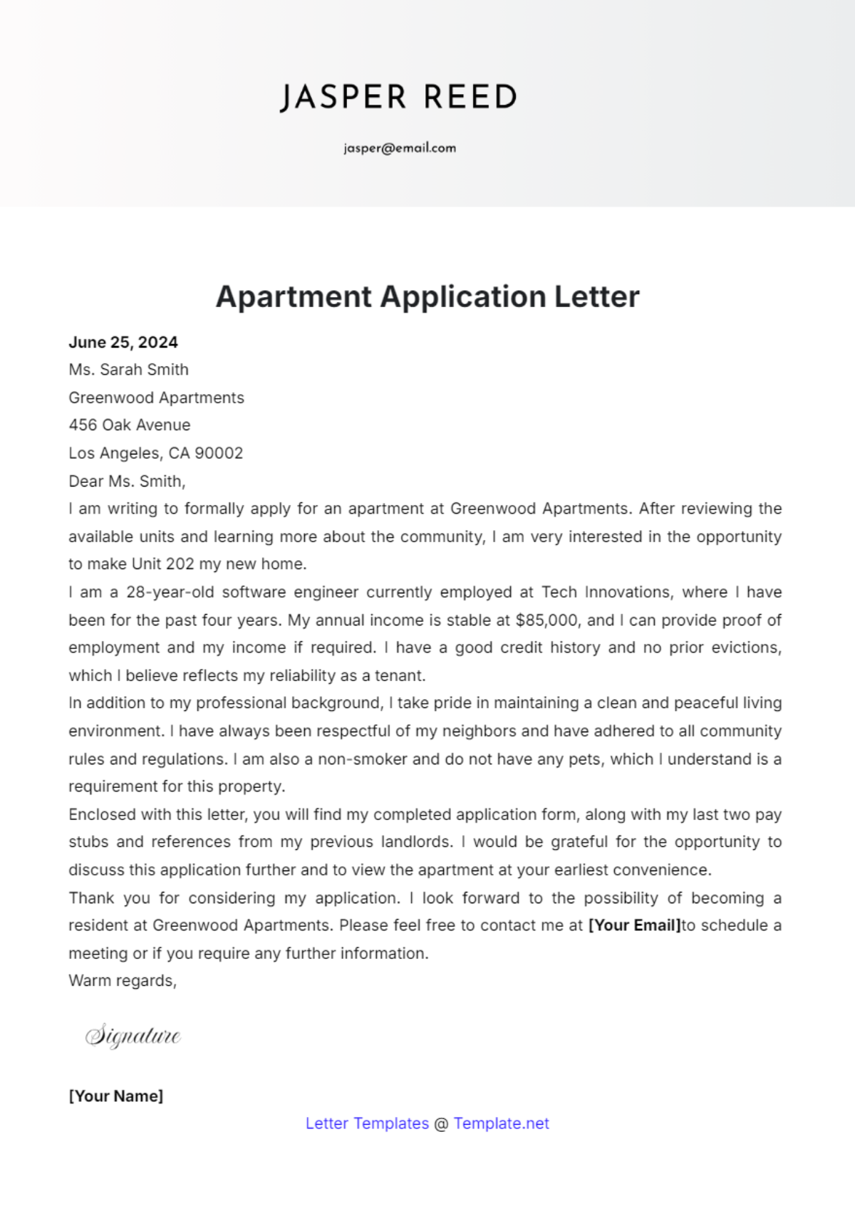 Apartment Application Letter Template