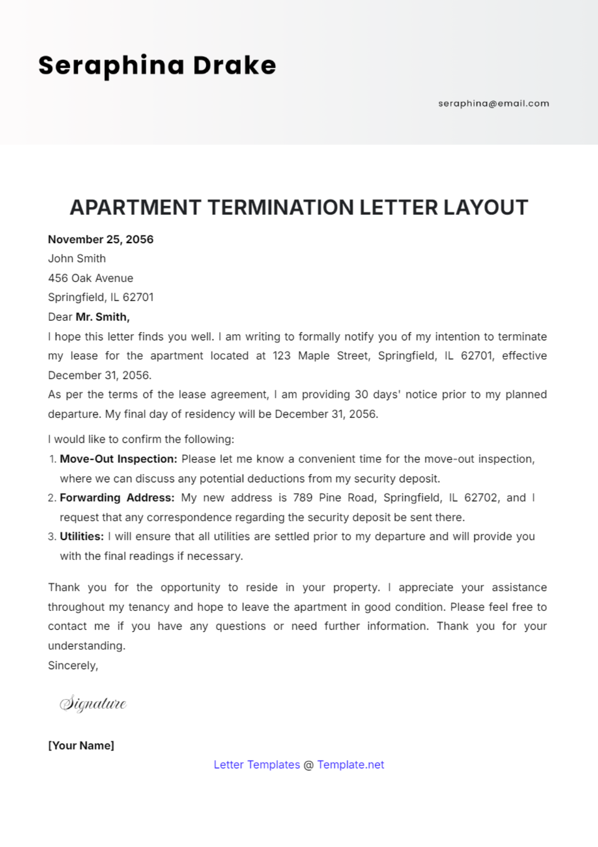 Apartment Termination Letter Layout Template