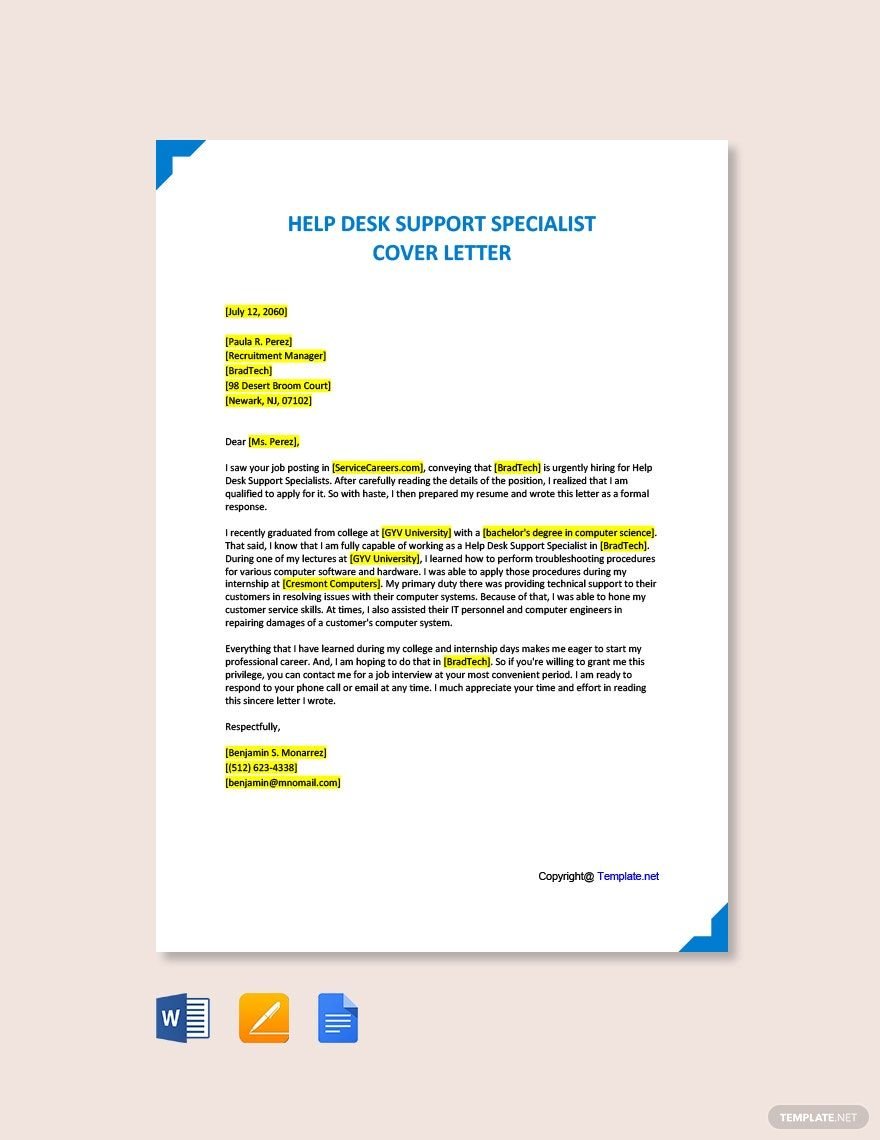Free Help Desk Support Specialist Cover Letter Template