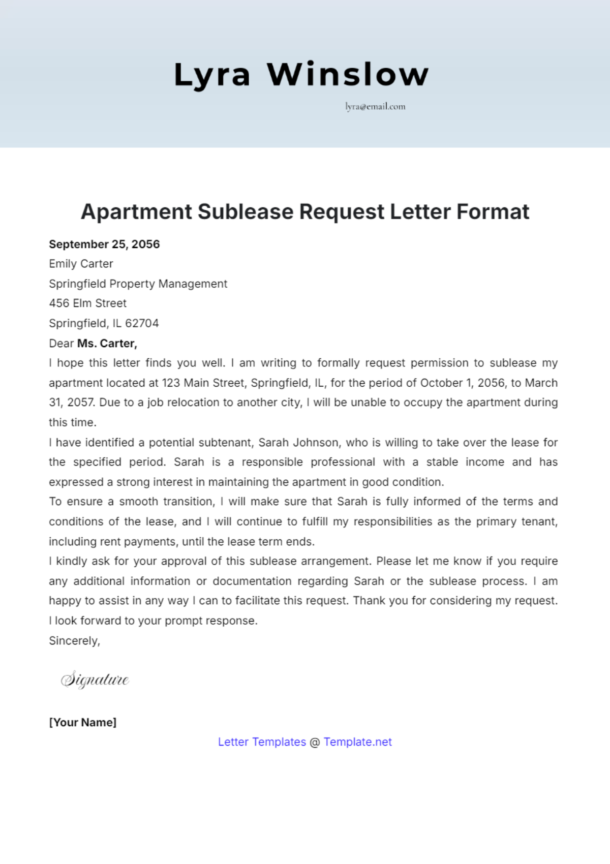 Apartment Sublease Request Letter Format Template