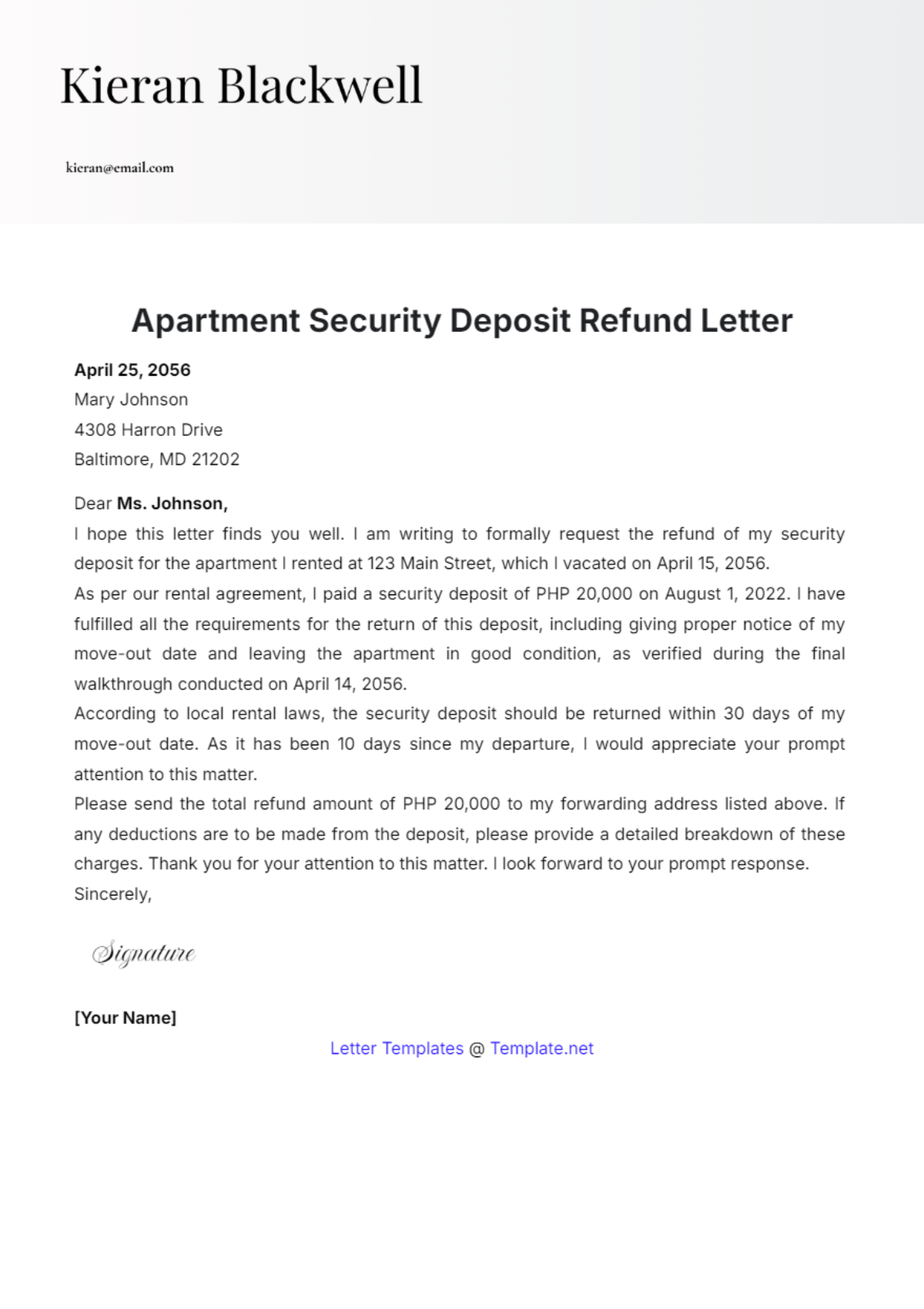 Apartment Security Deposit Refund Letter Template