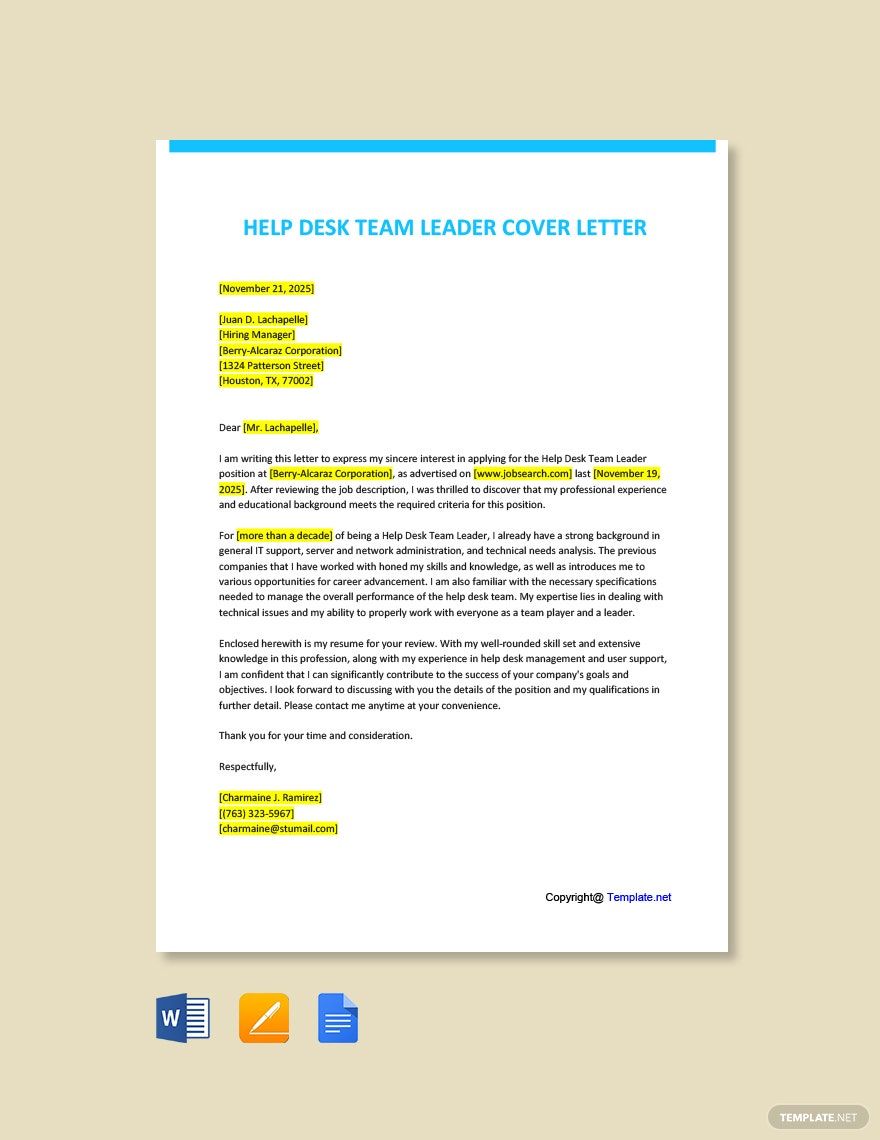 Help Desk Team Leader Cover Letter in Word, Google Docs, Pages, PDF - Download | Template.net