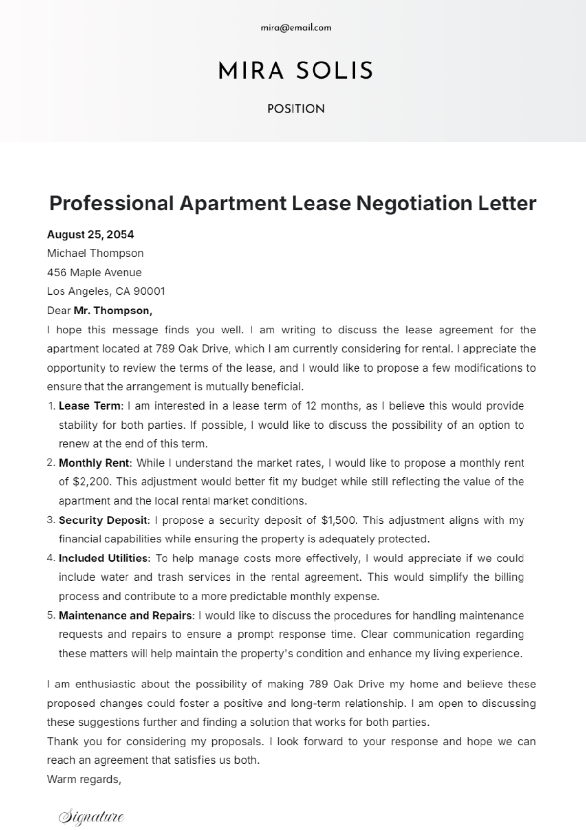 Professional Apartment Lease Negotiation Letter Template