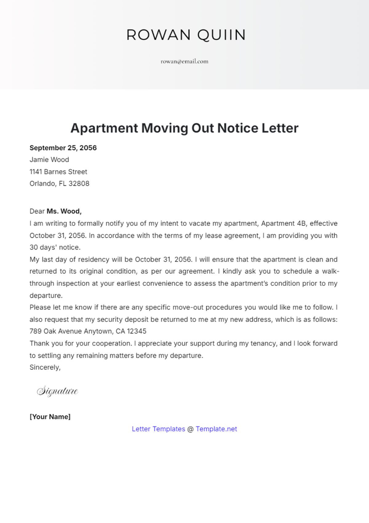 Apartment Moving Out Notice Letter Template