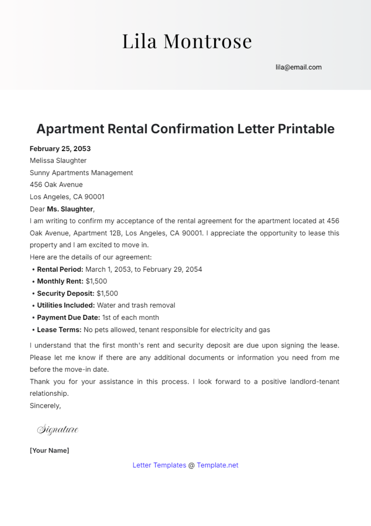 Apartment Rental Confirmation Letter Printable Template - Edit Online & Download