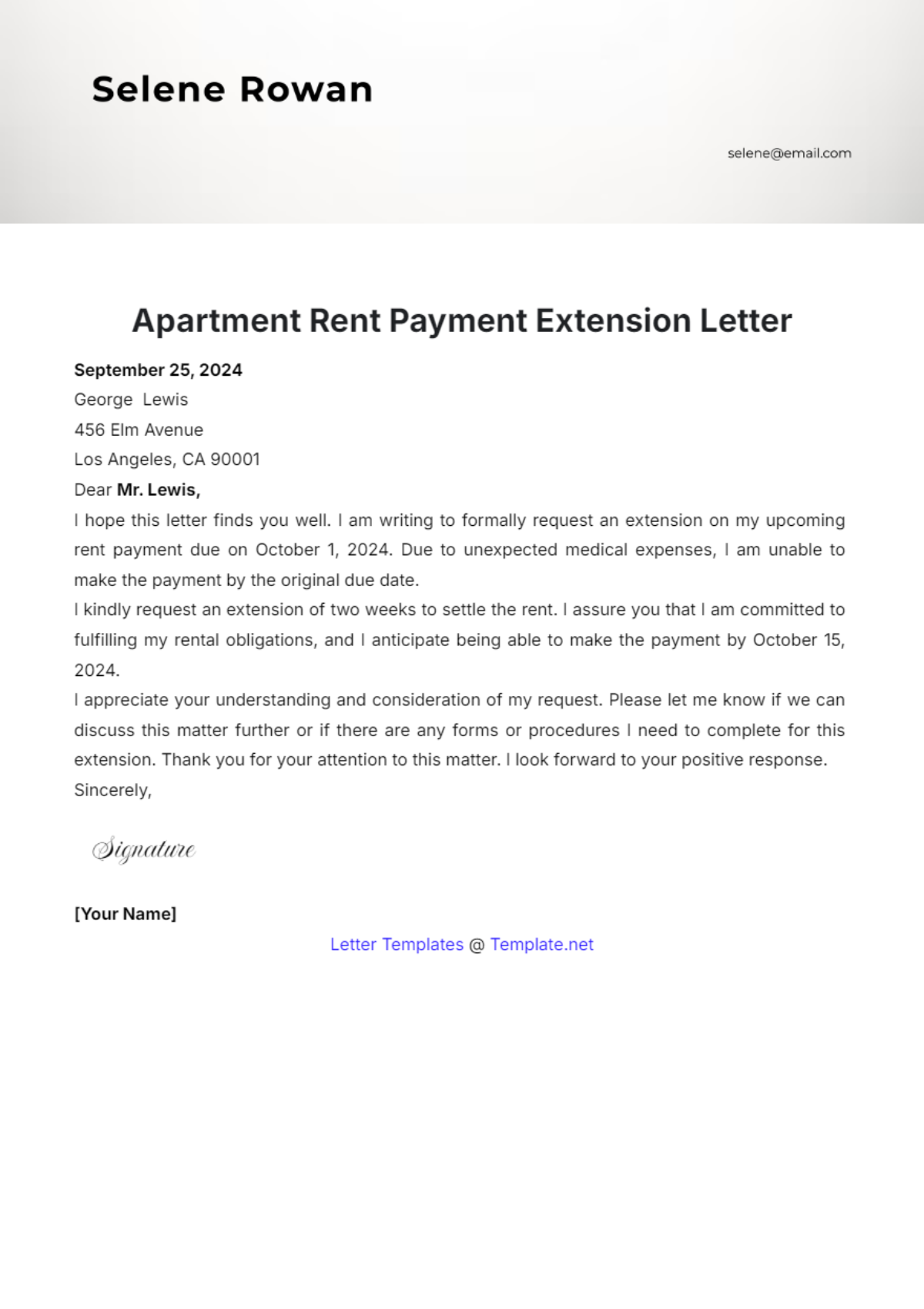 Apartment Rent Payment Extension Letter Template - Edit Online & Download