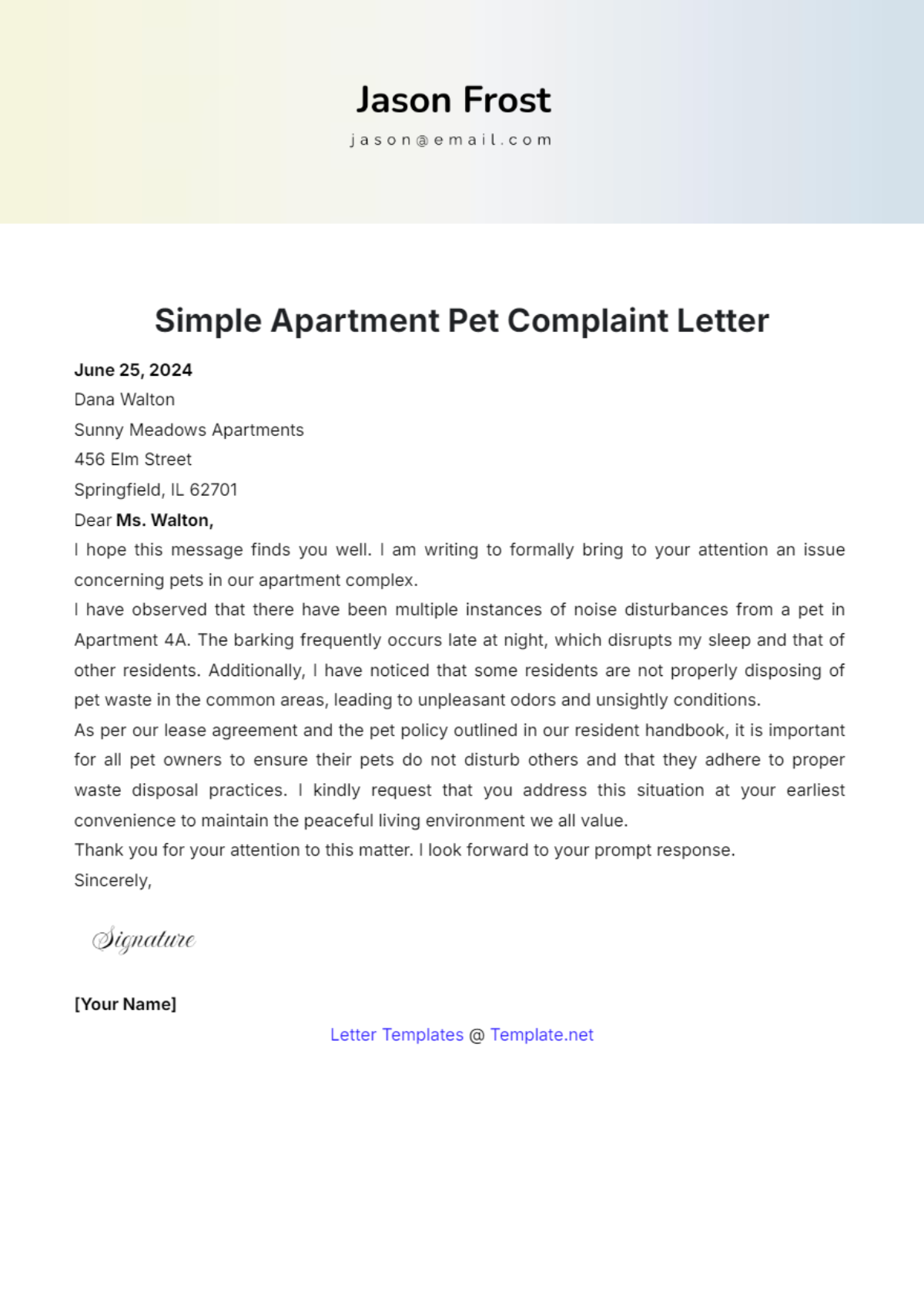 Simple Apartment Pet Complaint Letter Template - Edit Online & Download