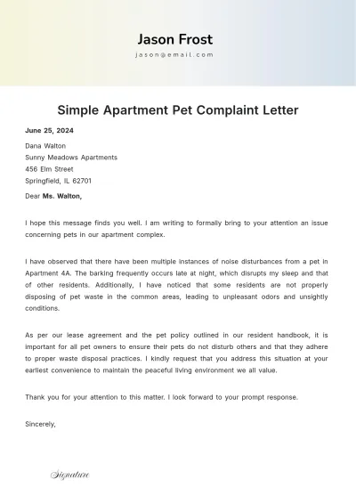 Free Simple Apartment Pet Complaint Letter Template to Edit Online