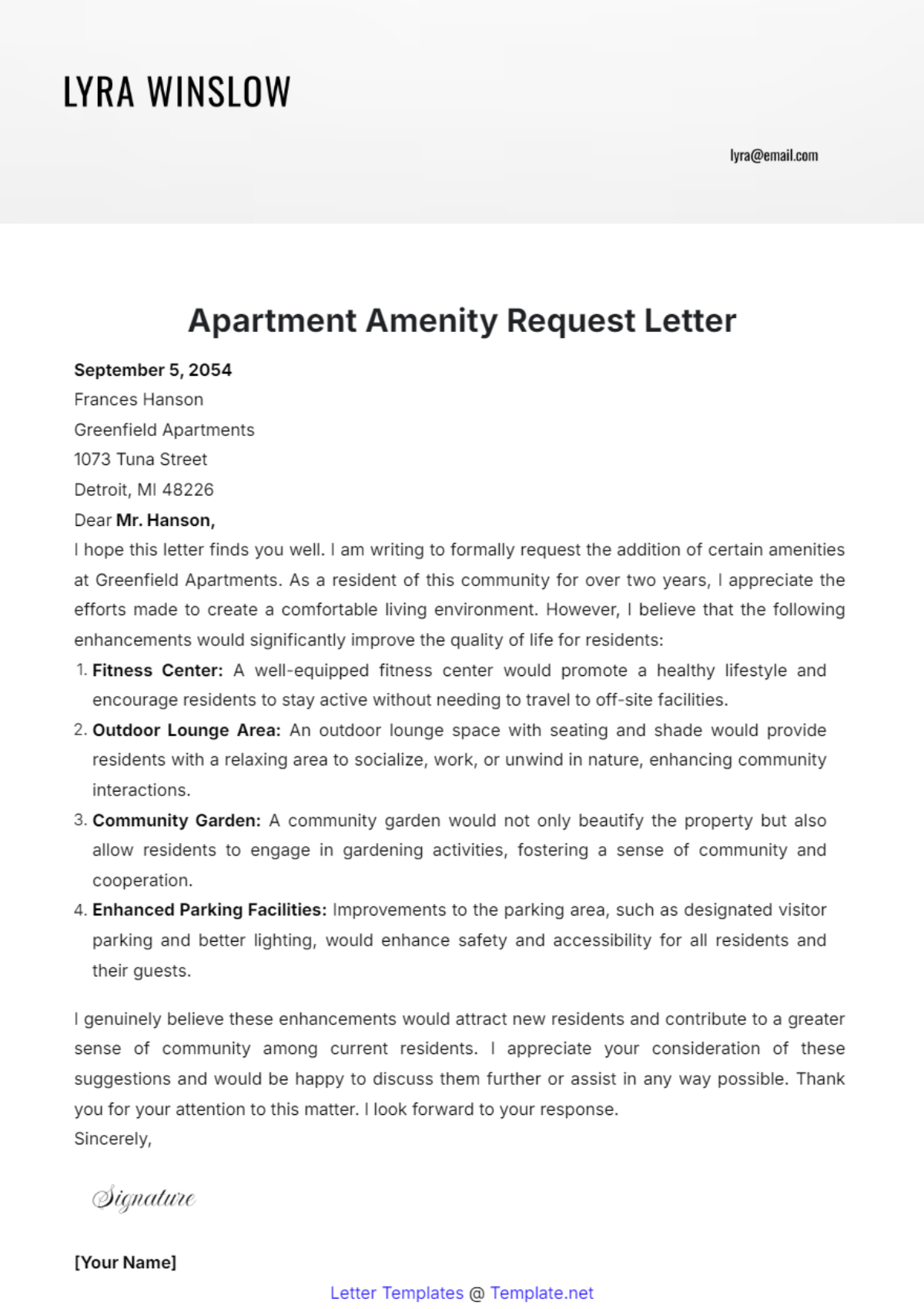 Apartment Amenity Request Letter Template