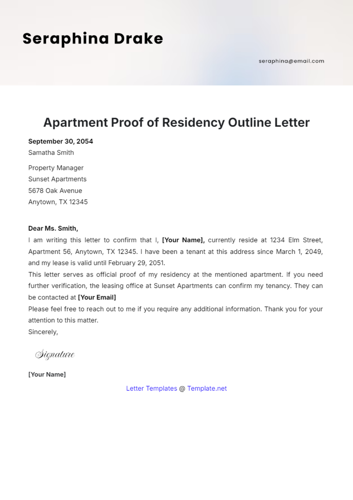 Apartment Proof of Residency Outline Letter Template