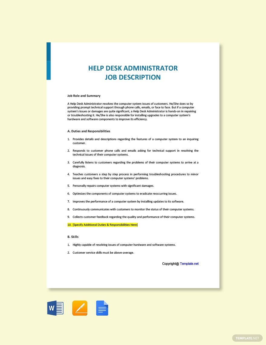 Help Desk Administrator Job Ad/Description Template