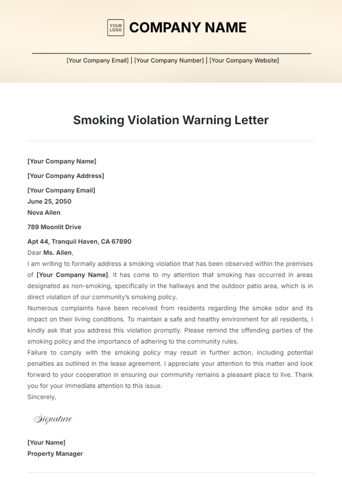 Smoking Violation Warning Letter Template