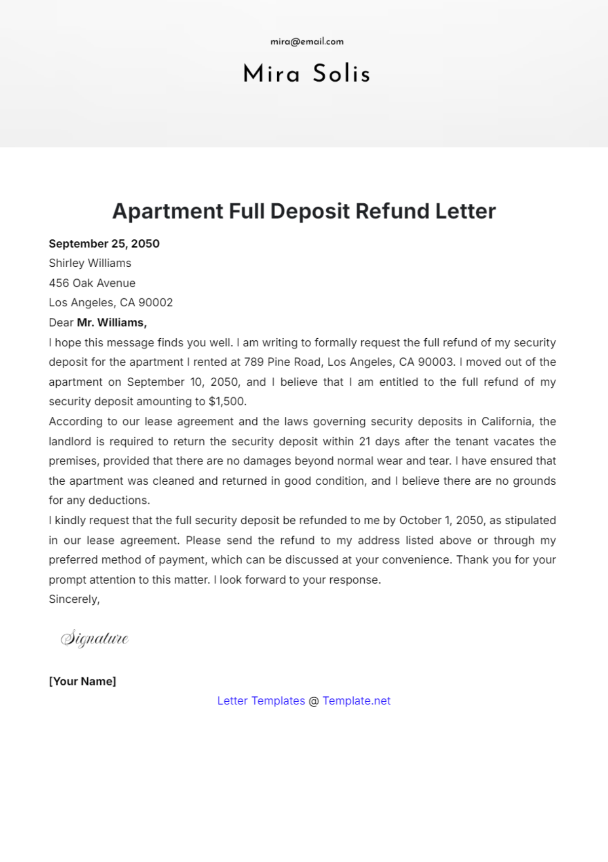 Apartment Full Deposit Refund Letter Template