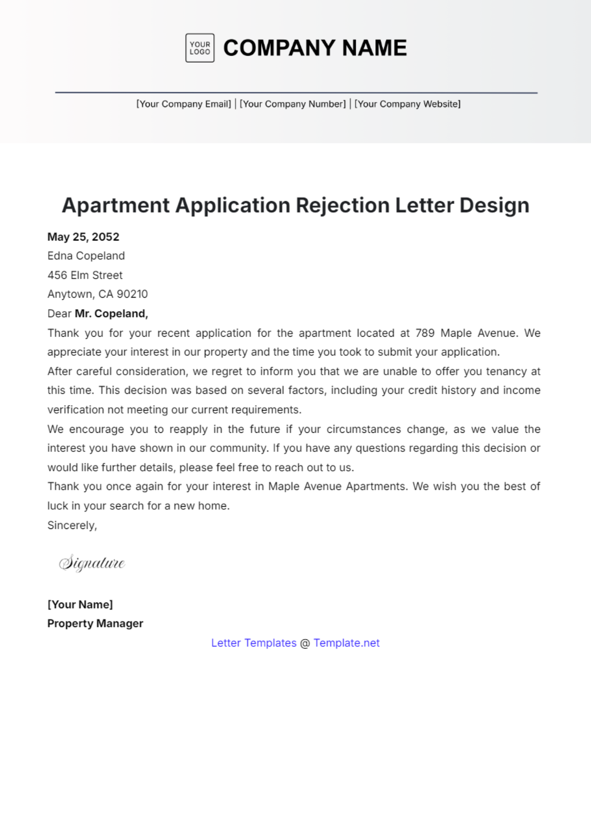 Apartment Application Rejection Letter Design Template