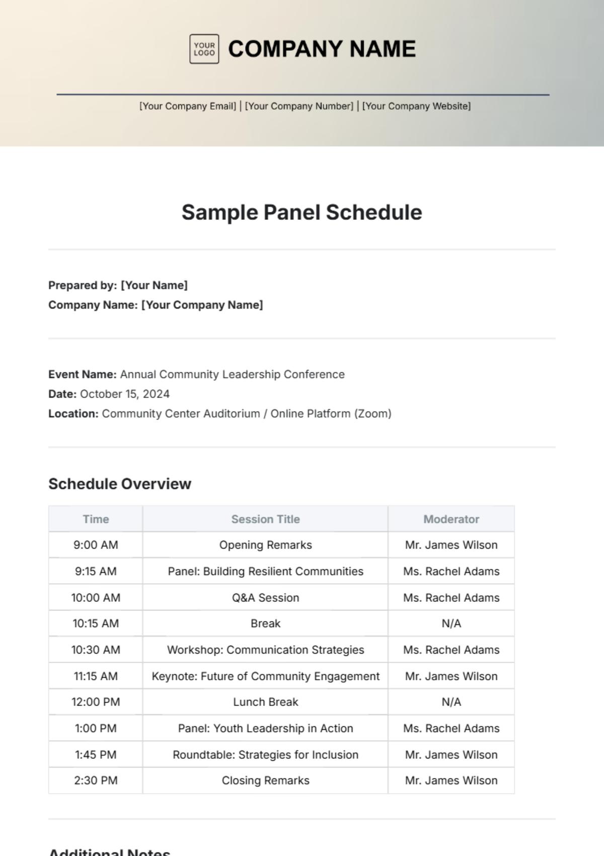 Sample Panel Schedule Template - Edit Online & Download