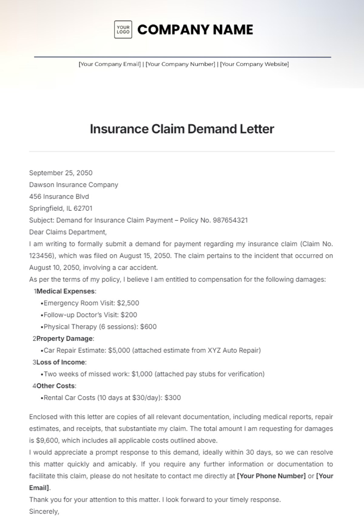 Insurance Claim Demand Letter Template