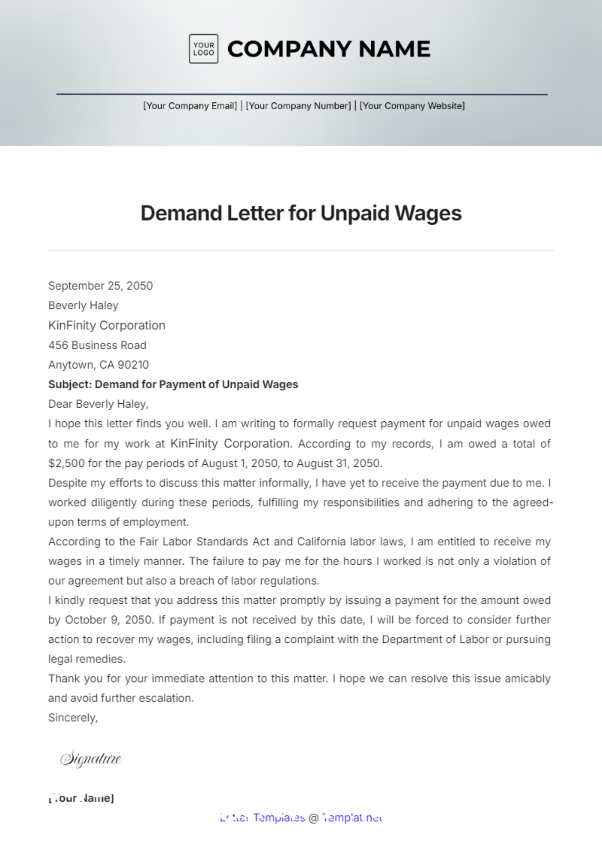 Demand Letter for Unpaid Wages Template