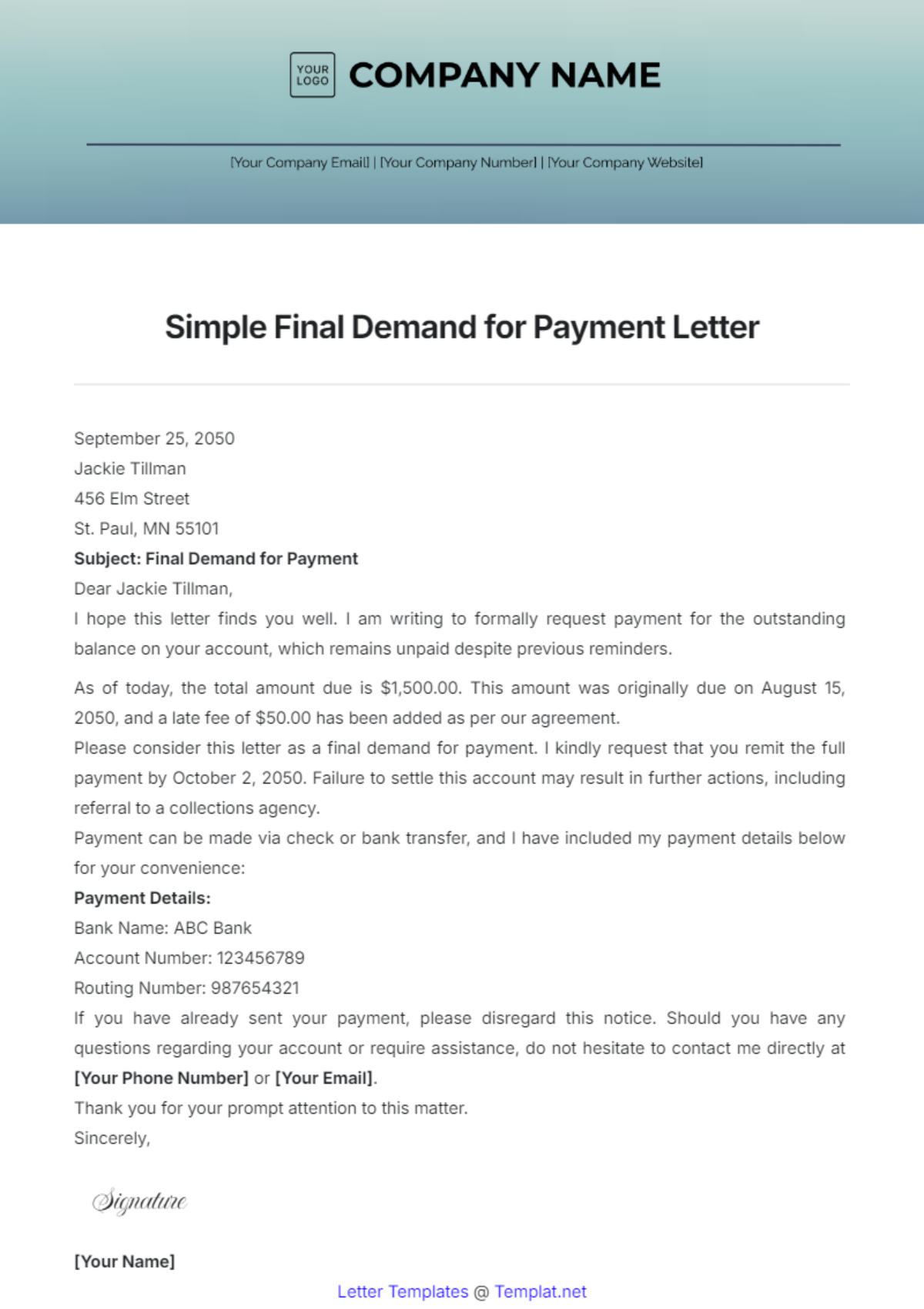 Simple Final Demand for Payment Letter Template