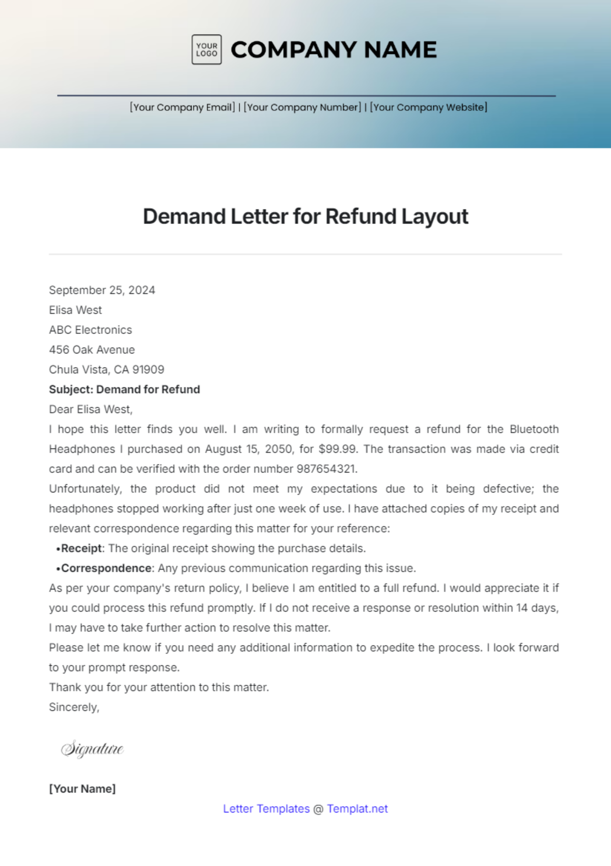 Demand Letter for Refund Layout Template