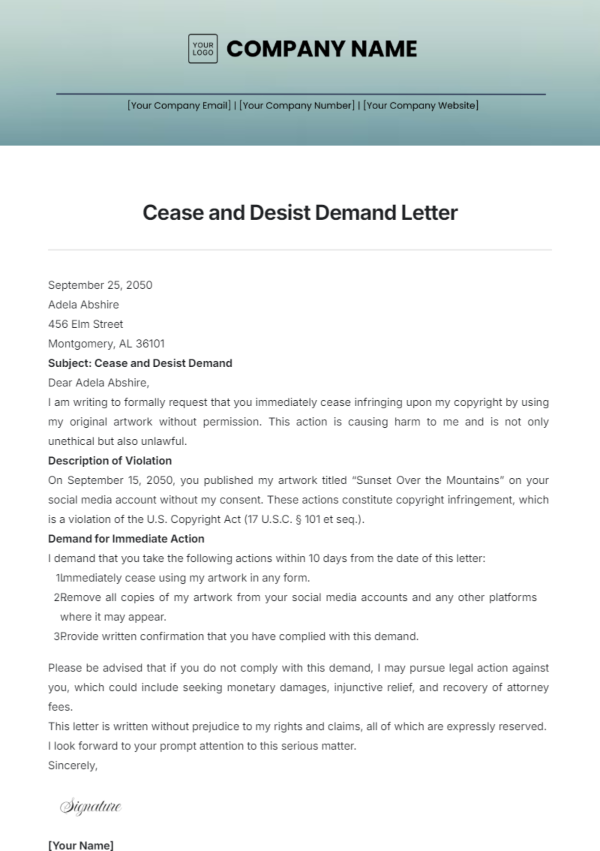 Cease and Desist Demand Letter Template