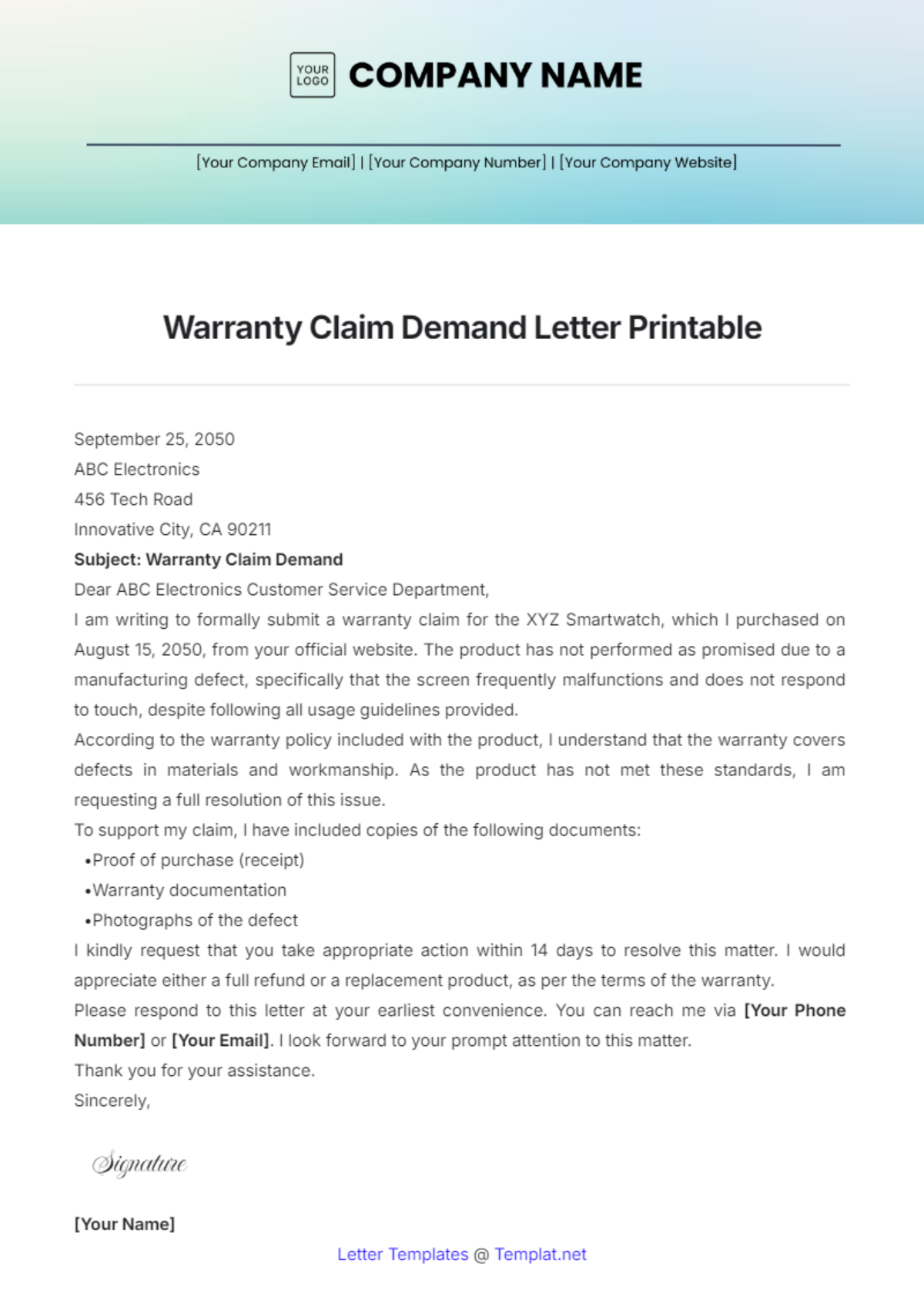 Warranty Claim Demand Letter Printable Template