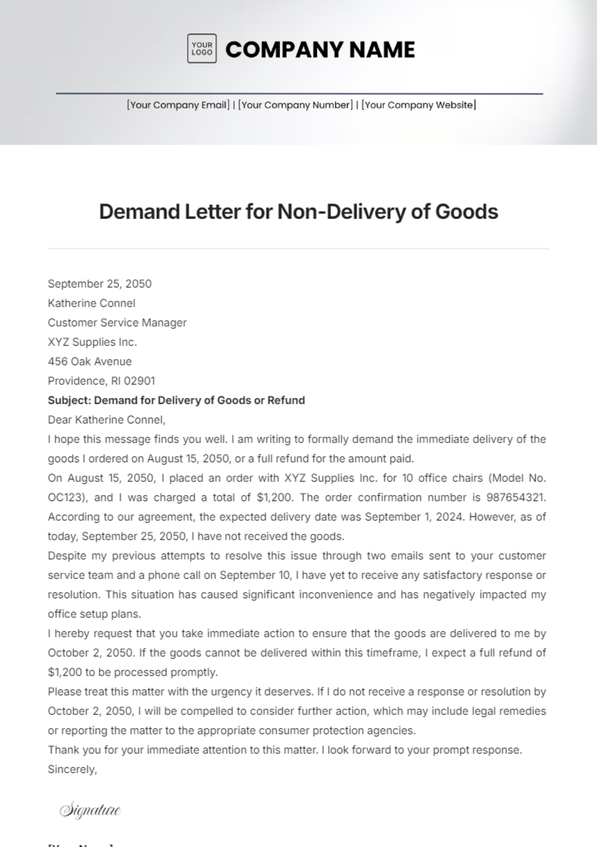 Demand Letter for Non-Delivery of Goods Template