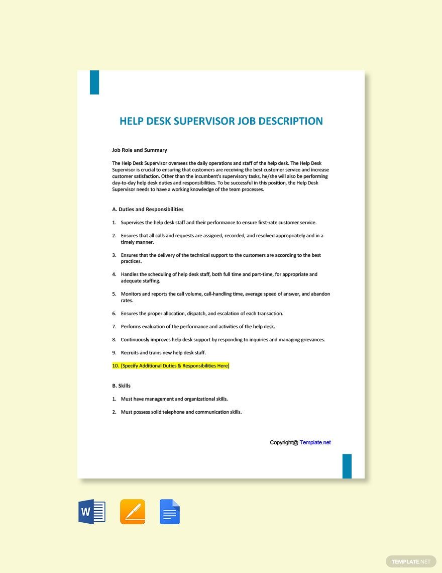 Help Desk Supervisor Job Ad Description Template Download In Word 