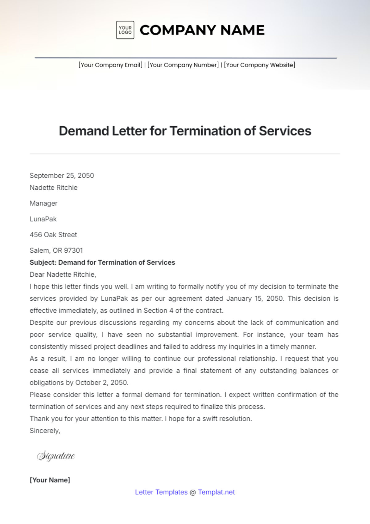 Demand Letter for Termination of Services Template