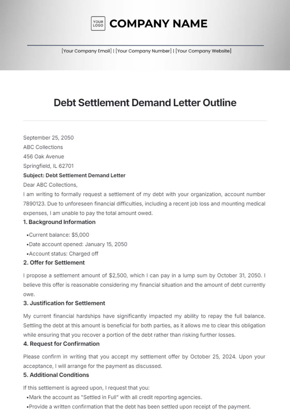 Debt Settlement Demand Letter Outline Template