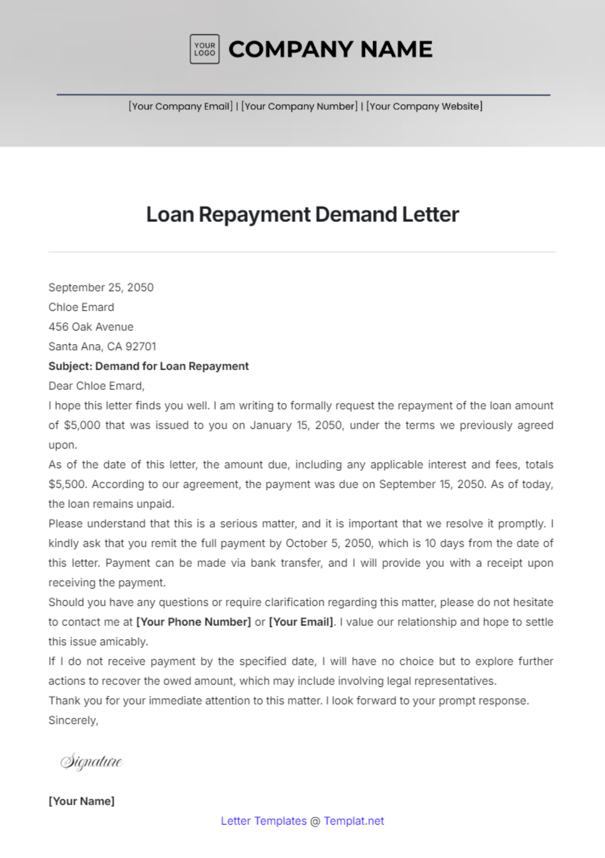 Loan Repayment Demand Letter Template