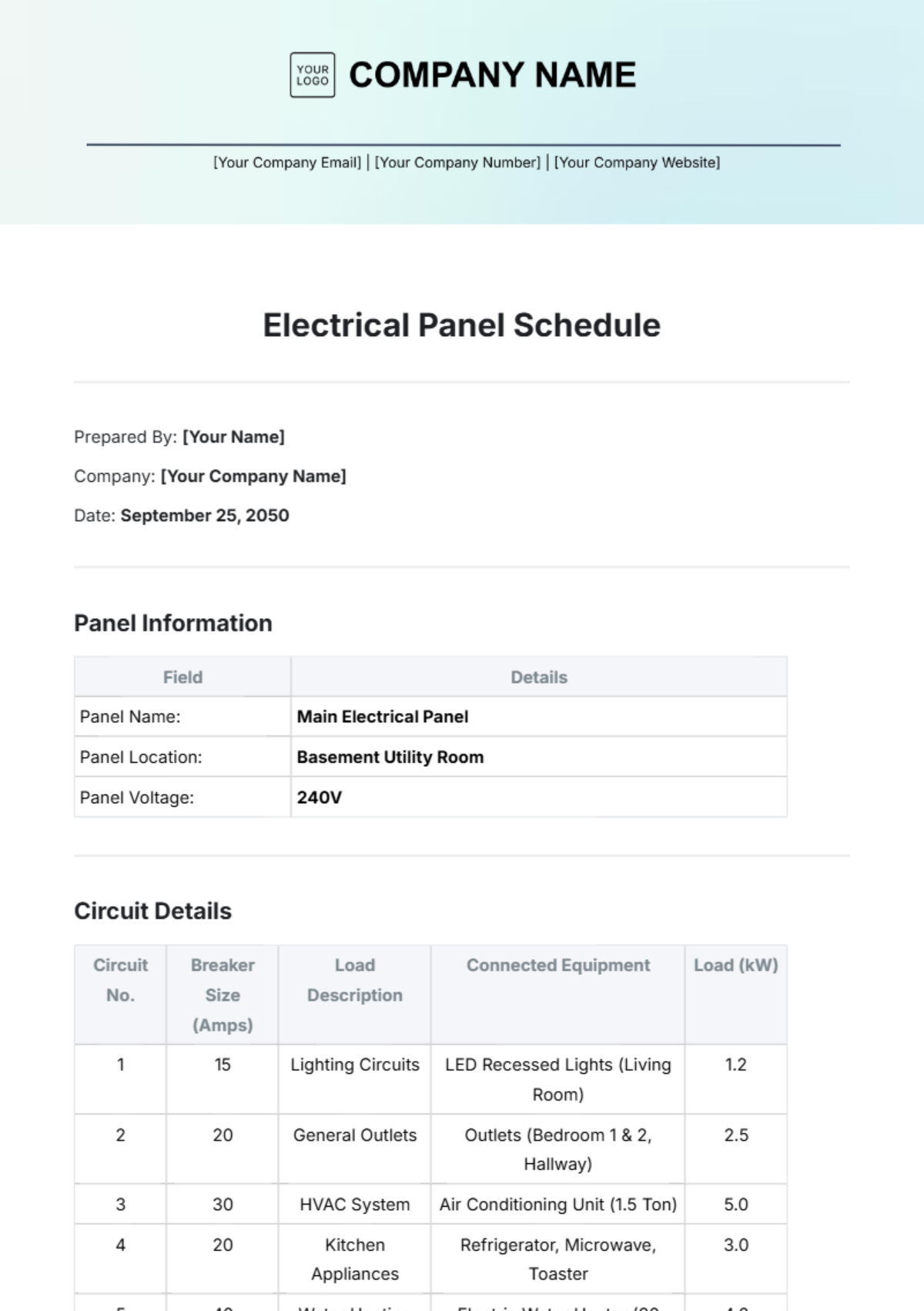 Electrical Panel Schedule Template - Edit Online & Download