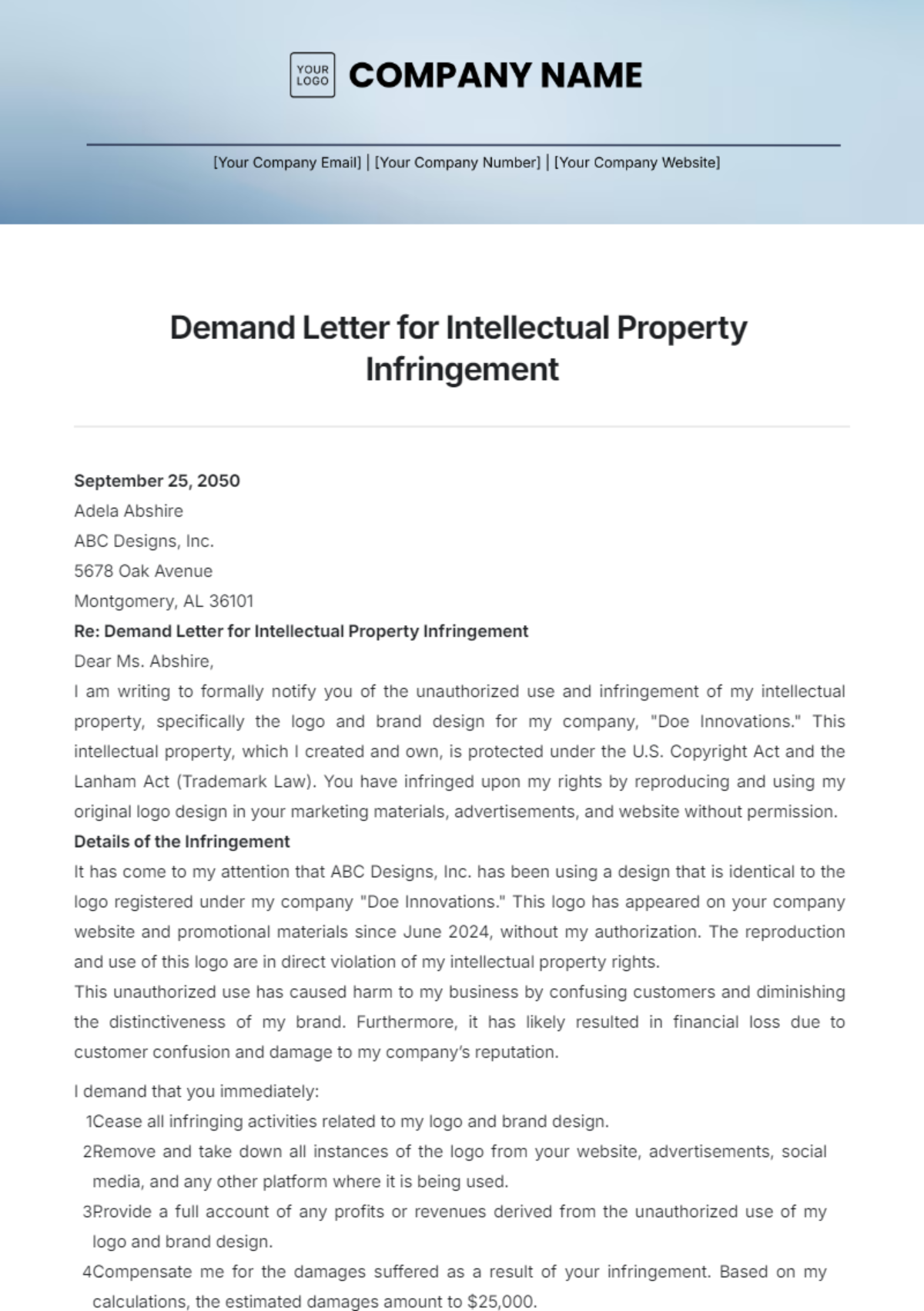 Demand Letter for Intellectual Property Infringement Template