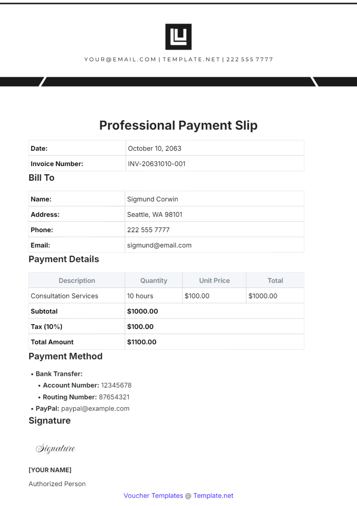 Free Professional Payment Slip Template