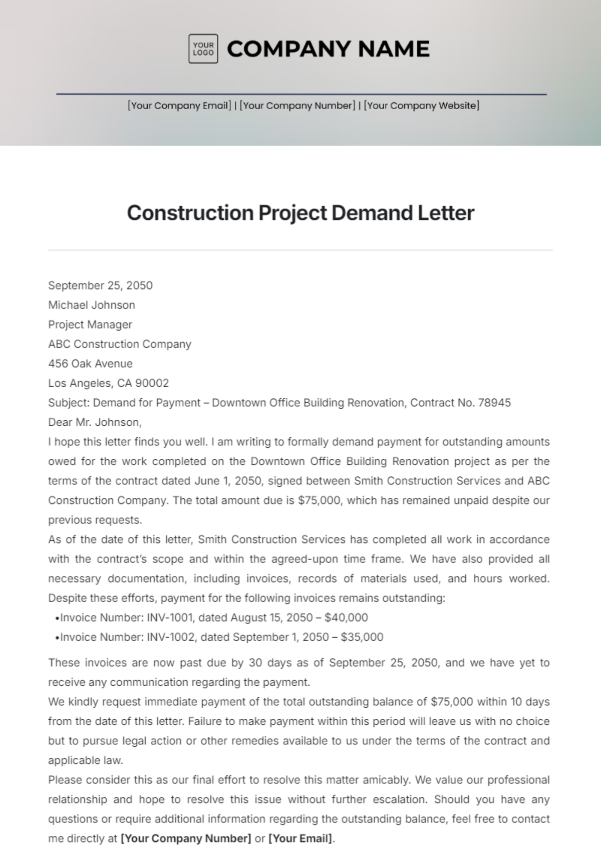 Construction Project Demand Letter Template