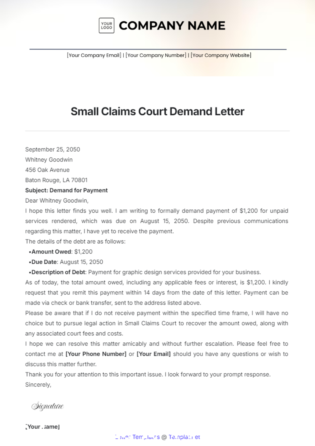 Small Claims Court Demand Letter Template