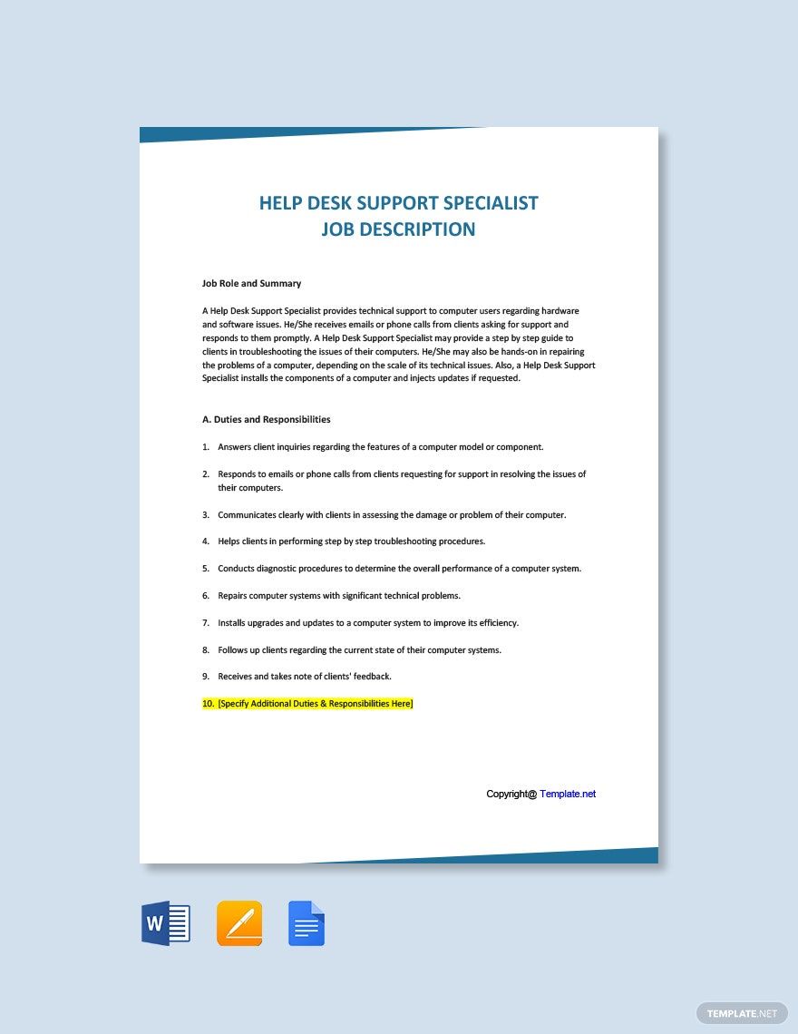 Help Desk Support Specialist Job Ad/Description Template