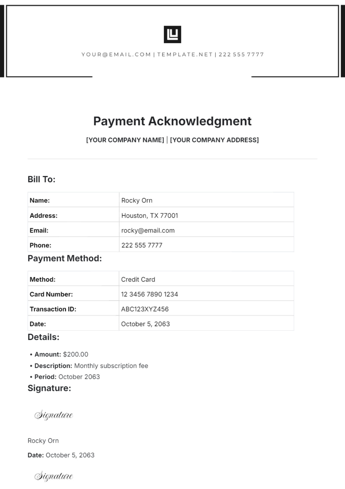 Free Payment Acknowledgment Template