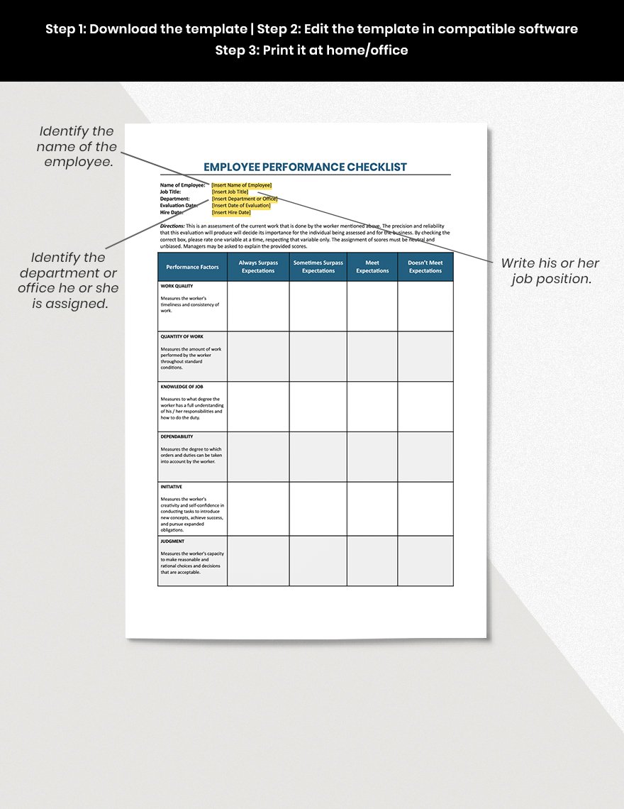 Employee Performance Checklist Template in Google Docs, Pages, Word