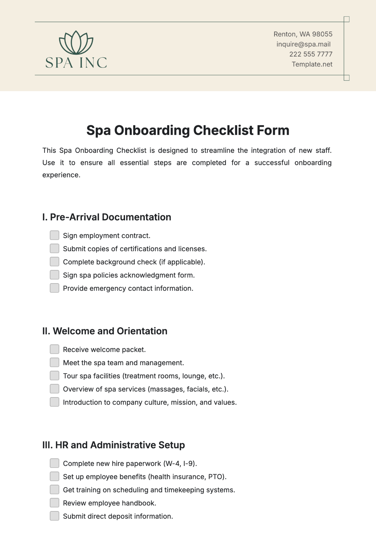 Spa Onboarding Checklist Form Template - Edit Online & Download