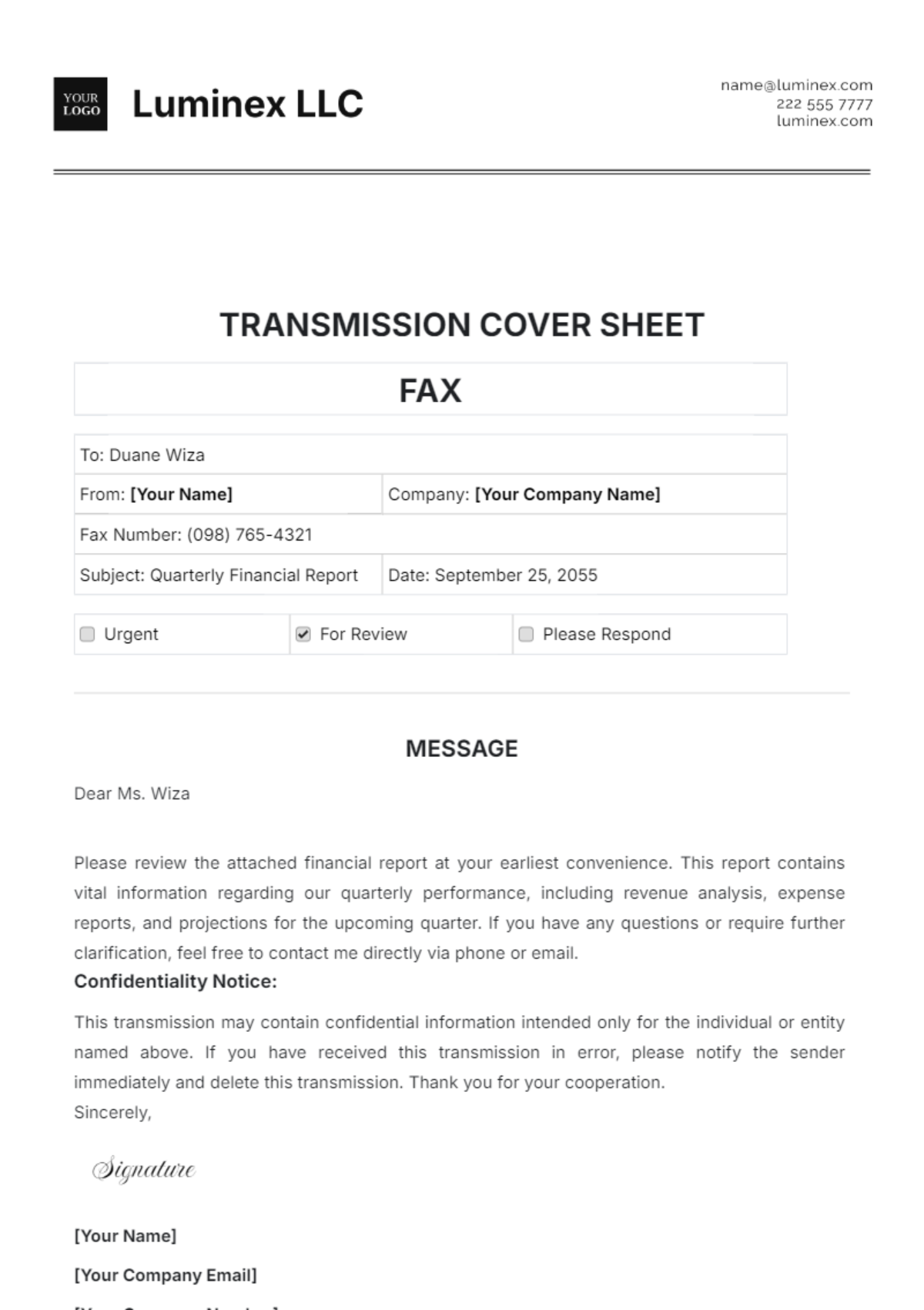 Transmission Cover Sheet Template